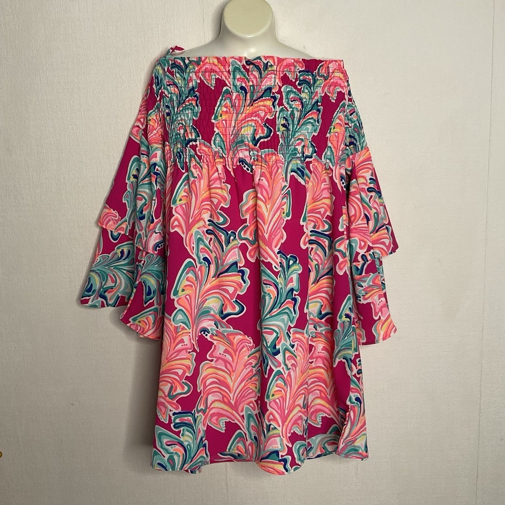 Southern Frock Pink Beachy Crepe Tunic Style Dress Women's sz M Off The Shoulder